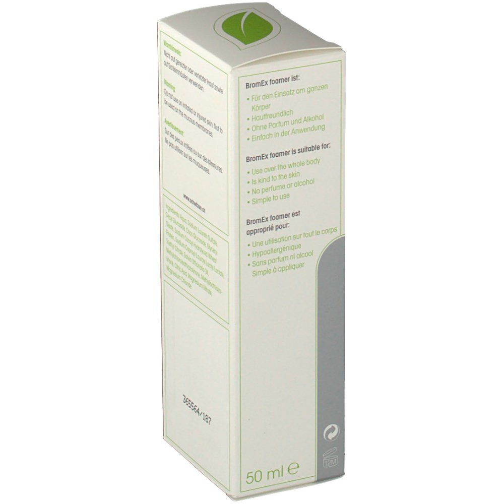 Emballage avec texte. Logo 'bromex foamer' et symbole de feuille. Texte en allemand, anglais et français. 50 ml.