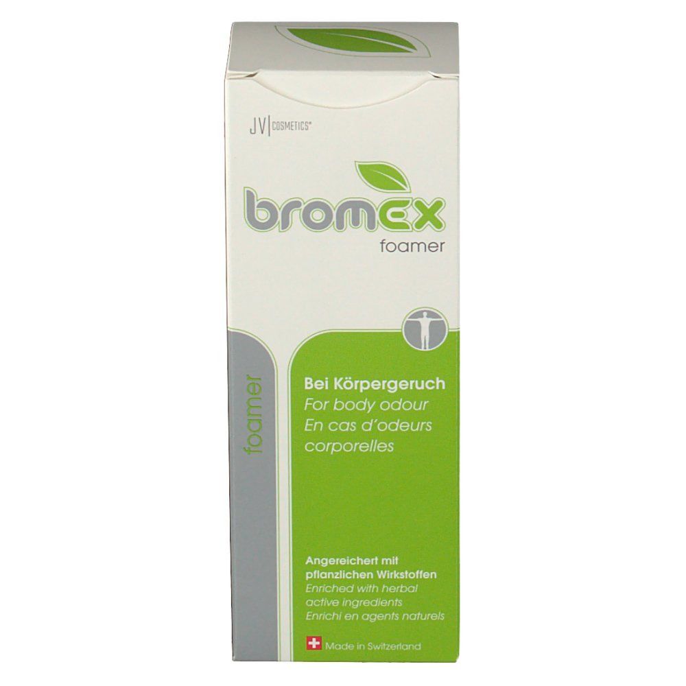 Emballage avec logo 'bromex foamer' et symbole de feuille. Texte en allemand, anglais et français. Vert et blanc.