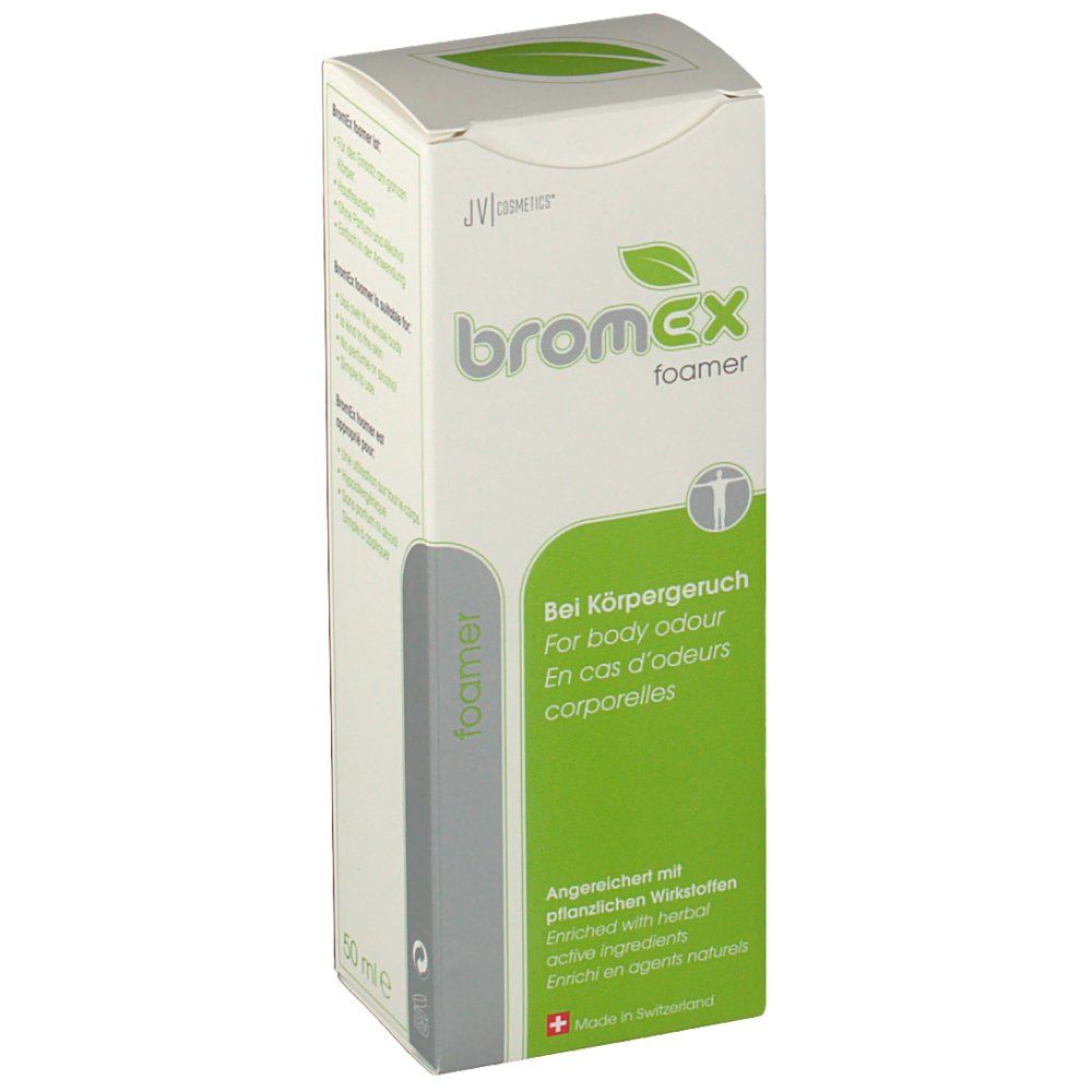 Emballage avec logo 'bromex foamer' et symbole de feuille. Texte en allemand, anglais et français. 50 ml.