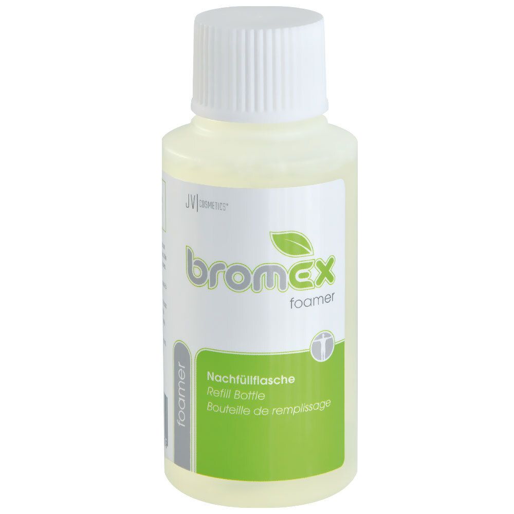 Flacon avec bouchon blanc. Étiquette avec zone verte et texte "bromex foamer".