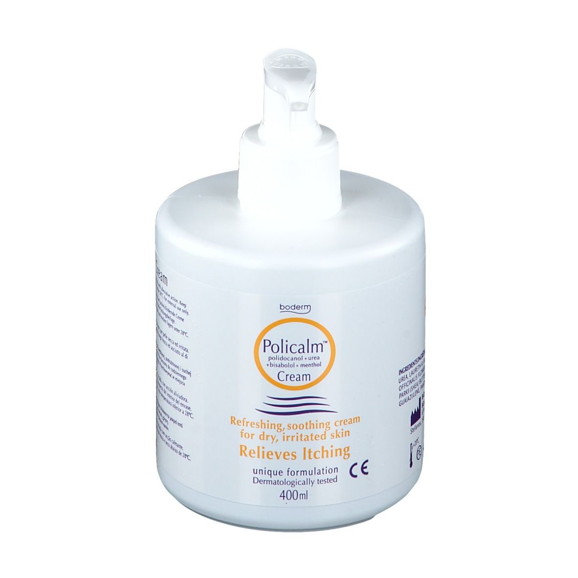 Flacon blanc avec pompe. Inscription : Policalm Crème. Soulage les démangeaisons. 400ml.