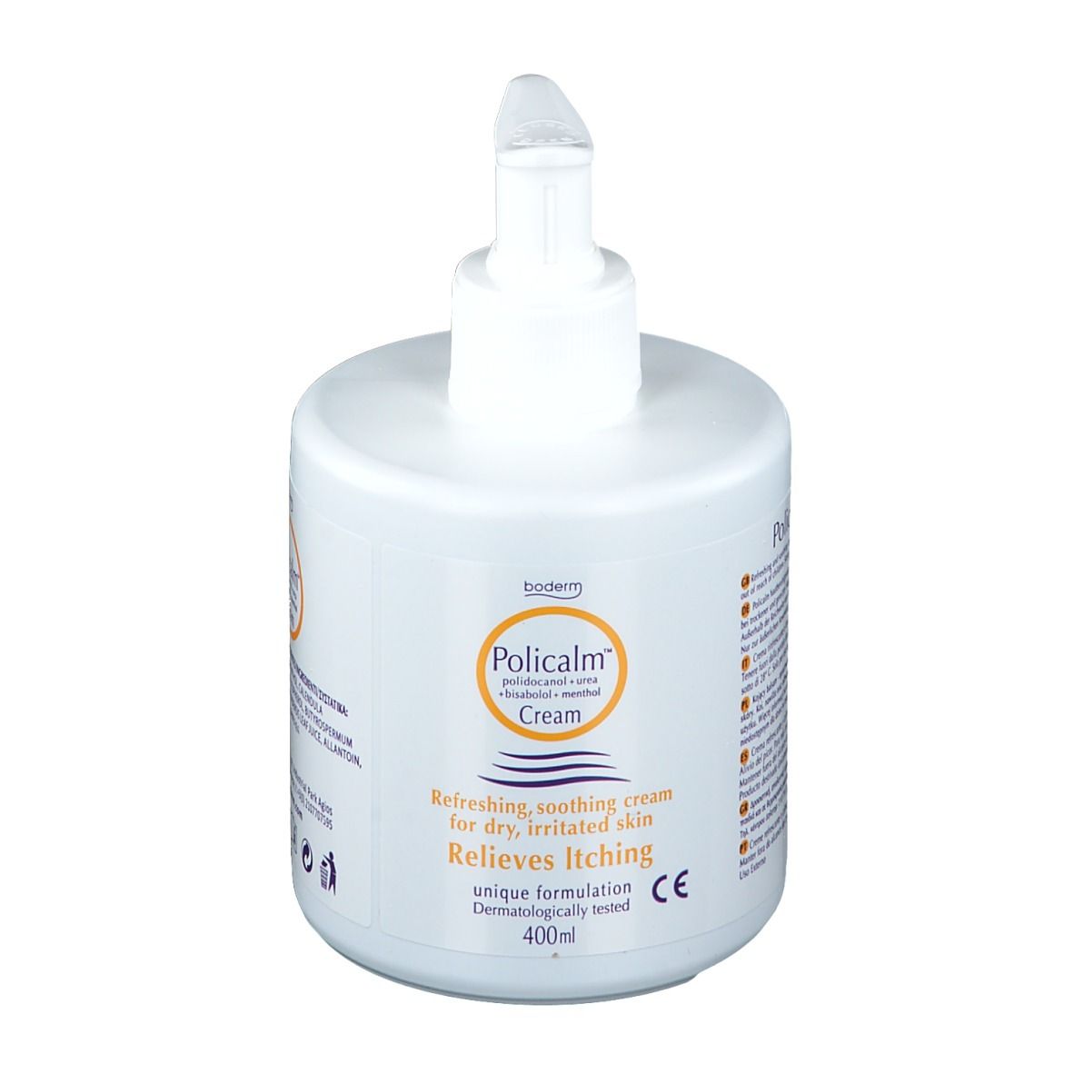 Flacon blanc avec pompe. Inscription : Policalm Crème. Soulage les démangeaisons. 400ml.