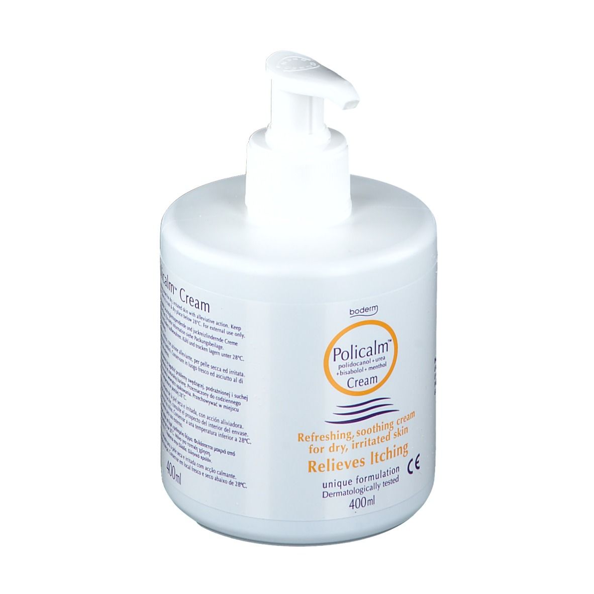 Flacon blanc avec pompe. Inscription : Policalm Crème. Soulage les démangeaisons. 400ml.