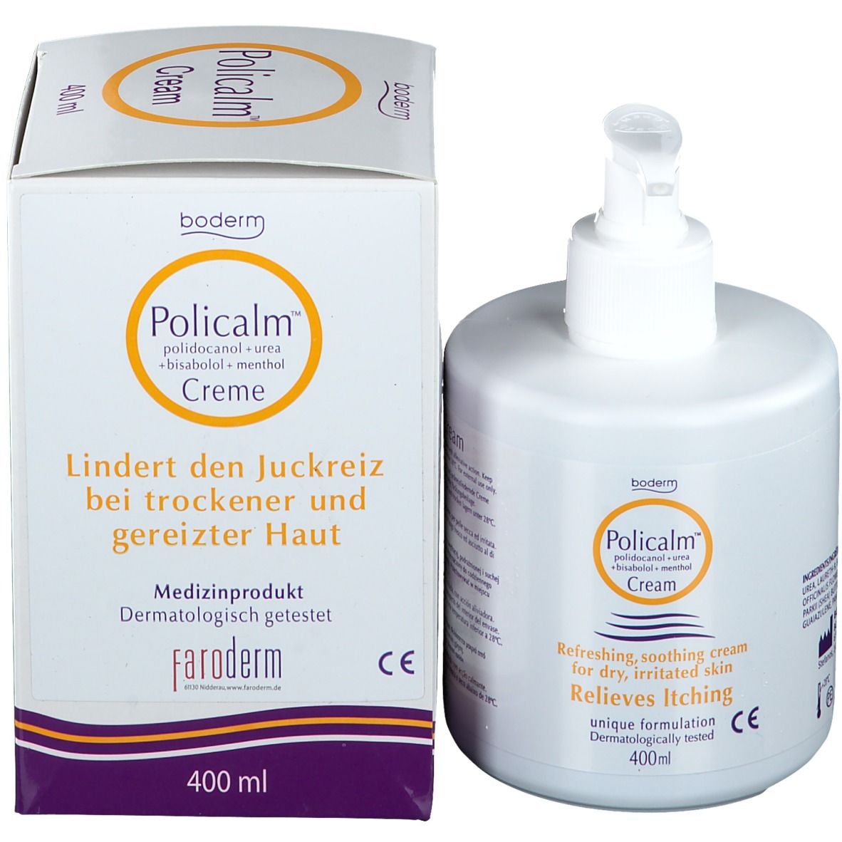 Emballage du produit avec flacon et carton. Inscription : Policalm Crème. Soulage les démangeaisons. 400ml.