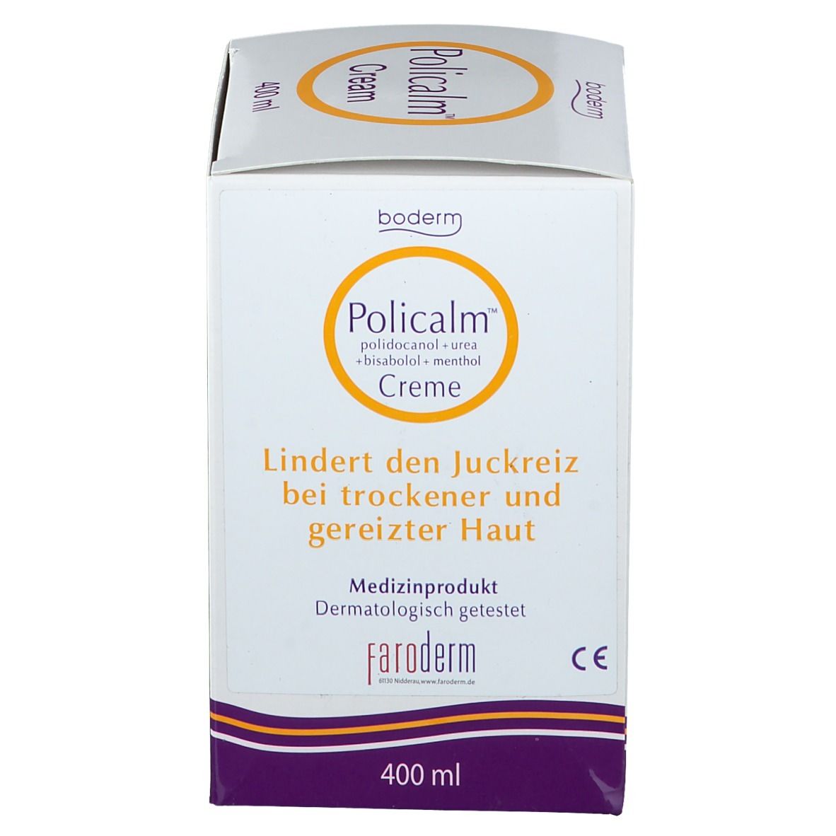 Emballage du produit. Inscription : Policalm Crème. Soulage les démangeaisons. 400ml.