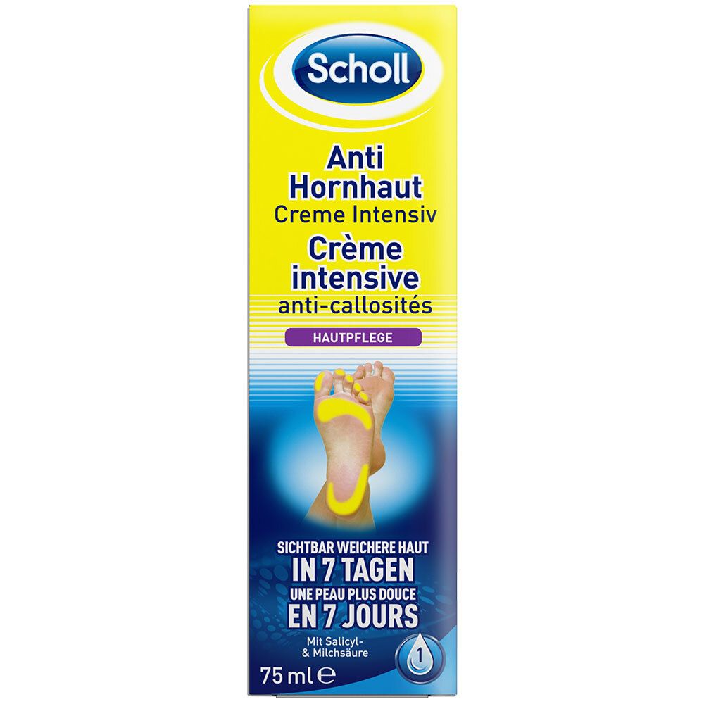 Scholl Crème intensive anti-callosités. Emballage jaune avec infos produit et illustration de pied. 75 ml.