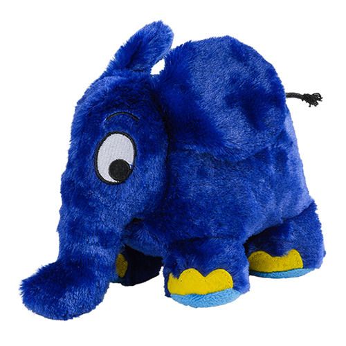 Éléphant en peluche bleu. Pieds jaunes. Queue noire. Grands yeux. Matière moelleuse.
