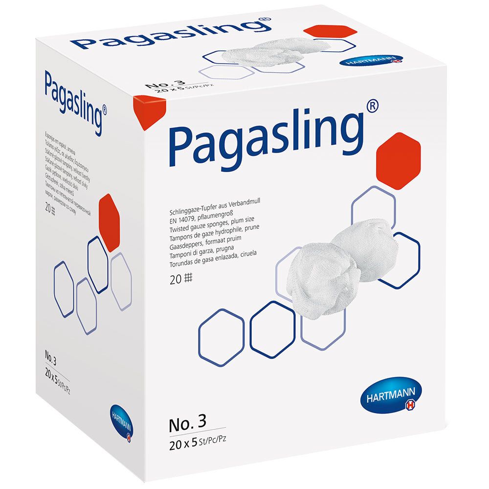 Pagasling® Mulltupfer stériles Gr. 3, taille prune, 20 pièces. Tampons ronds blancs dans une boîte blanche avec nom et logo.
