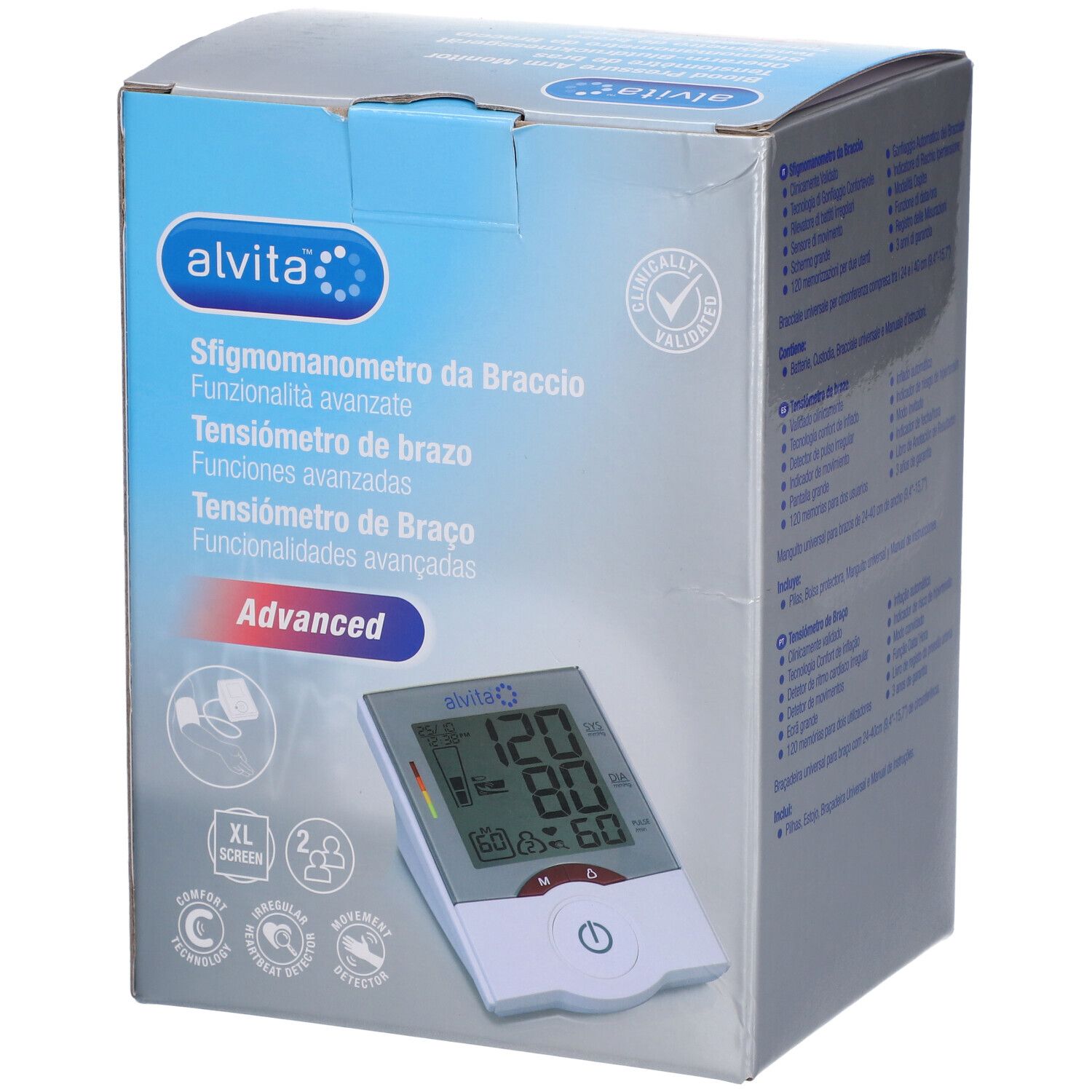Tensiomètre bras Alvita en boîte. Grand écran, XL. Validé cliniquement. Comprend brassard, piles, étui de rangement.