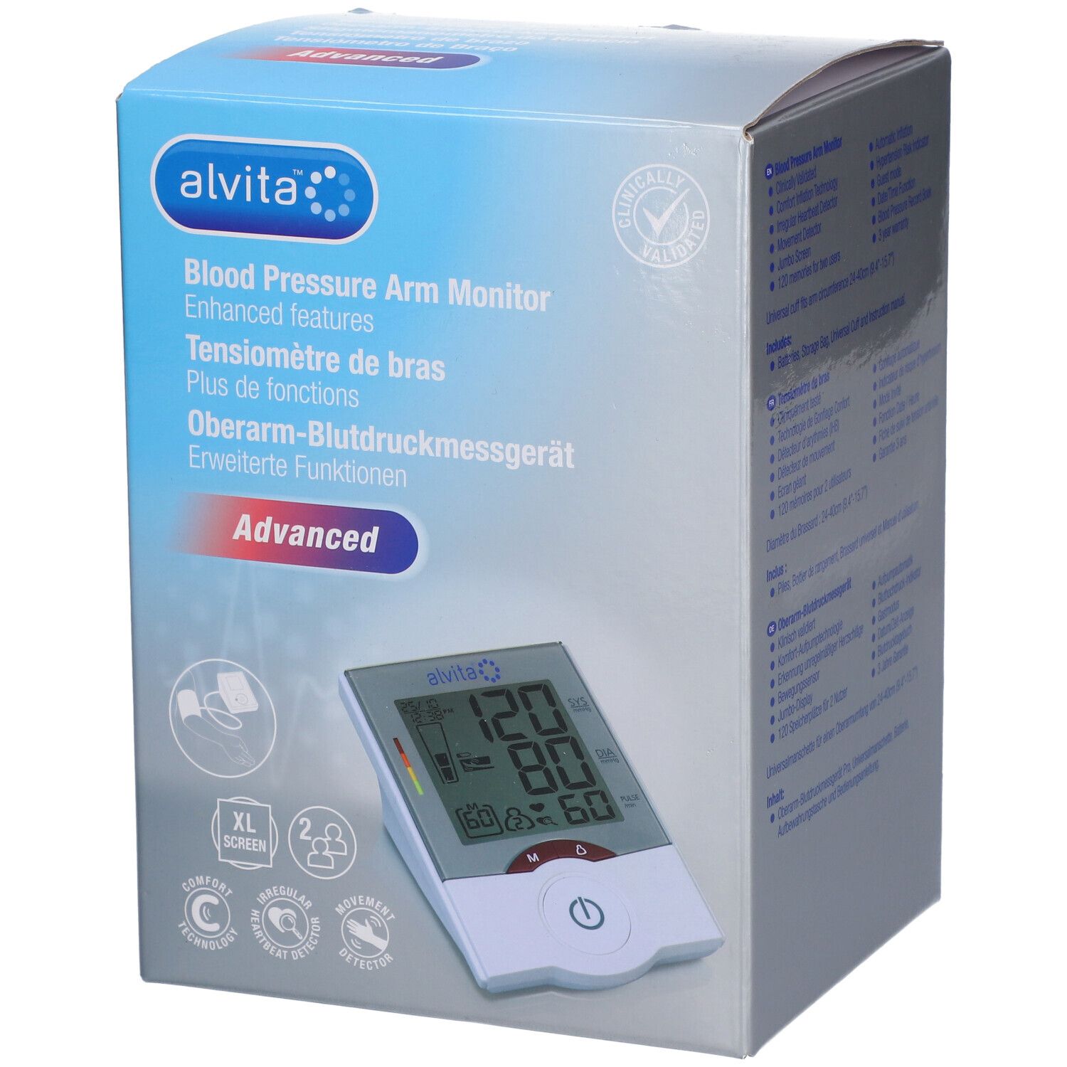 Boîte de tensiomètre Alvita. Nom du produit et fonctions améliorées. Grand écran. Validé cliniquement.