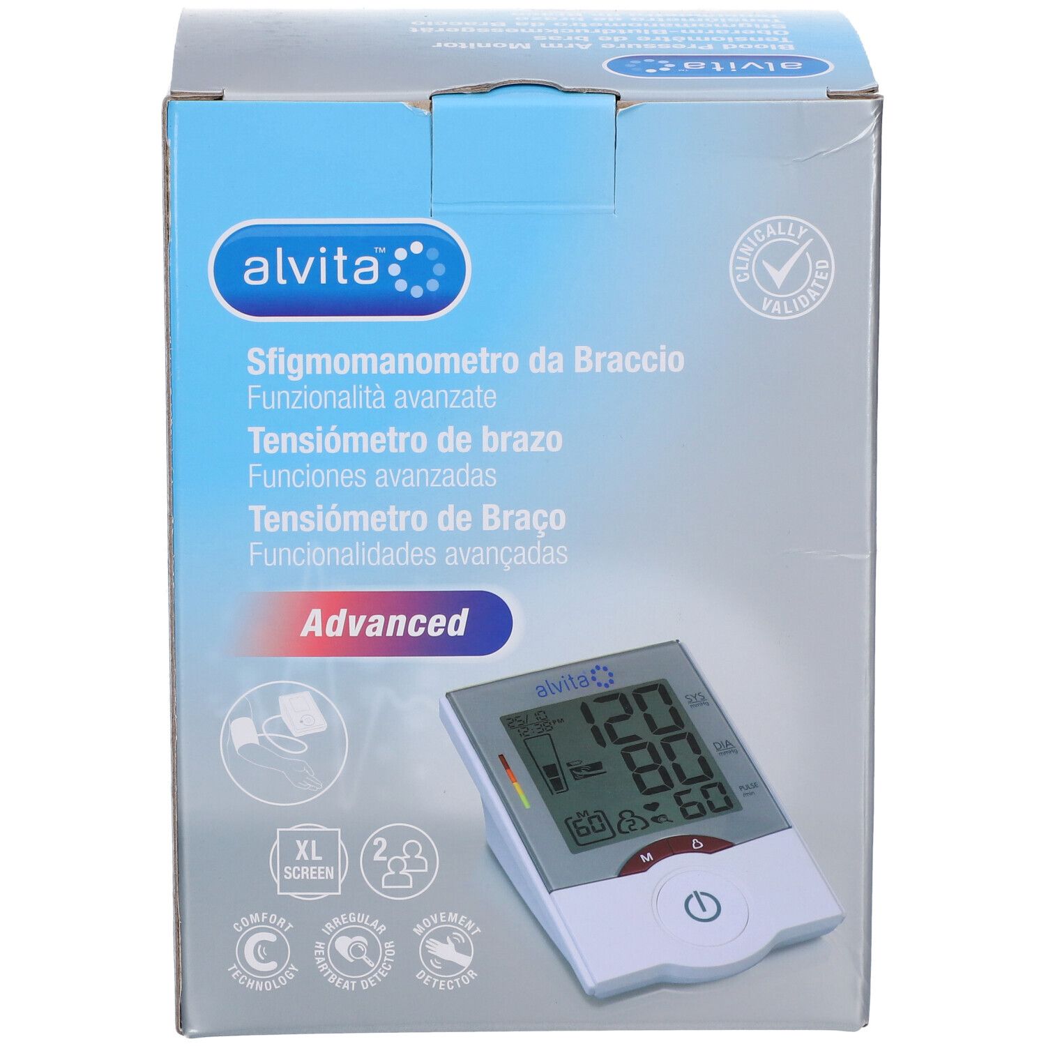 Tensiomètre bras Alvita en boîte. Grand écran, XL. Validé cliniquement. Comprend brassard, piles, étui de rangement.
