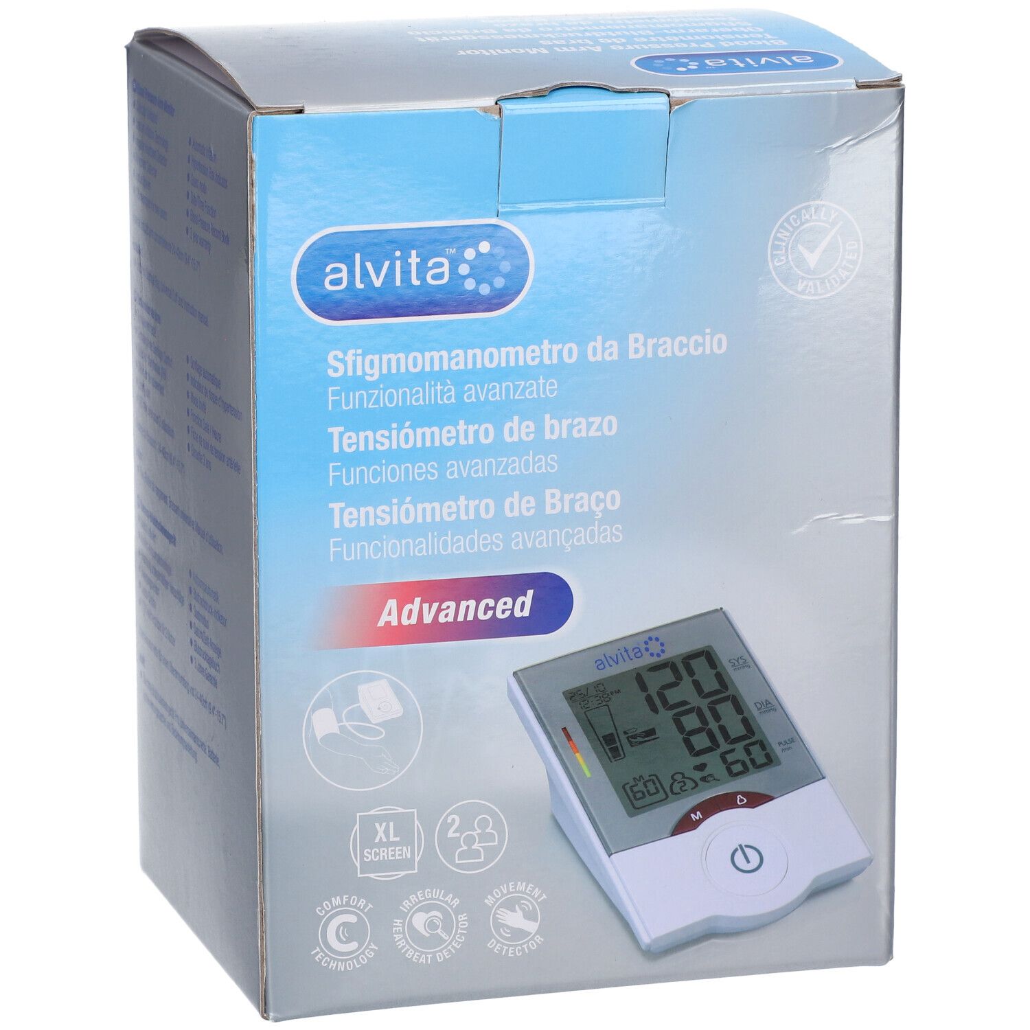 Tensiomètre bras Alvita en boîte. Grand écran, XL. Validé cliniquement. Comprend brassard, piles, étui de rangement.