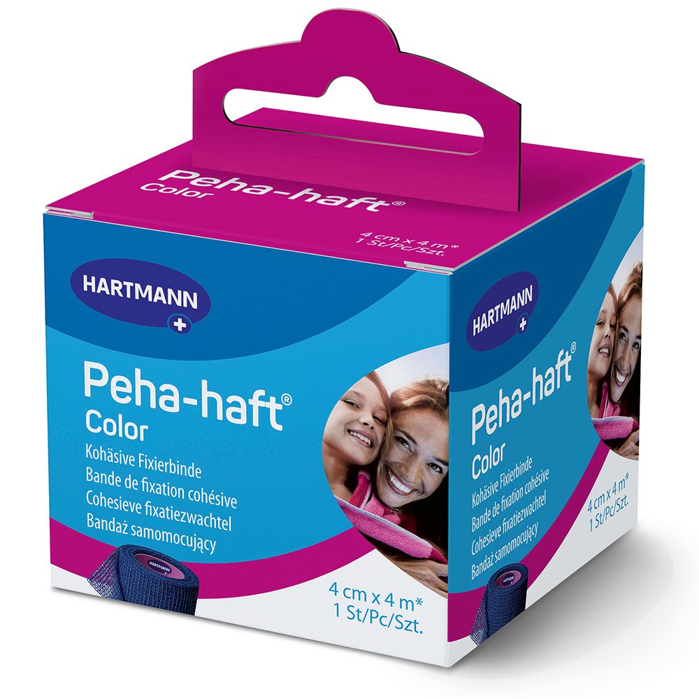 Emballage bleu-rose de Peha-haft Color. Contient un bandage de fixation 4 cm x 4 m. Logo Hartmann et illustration du produit.
