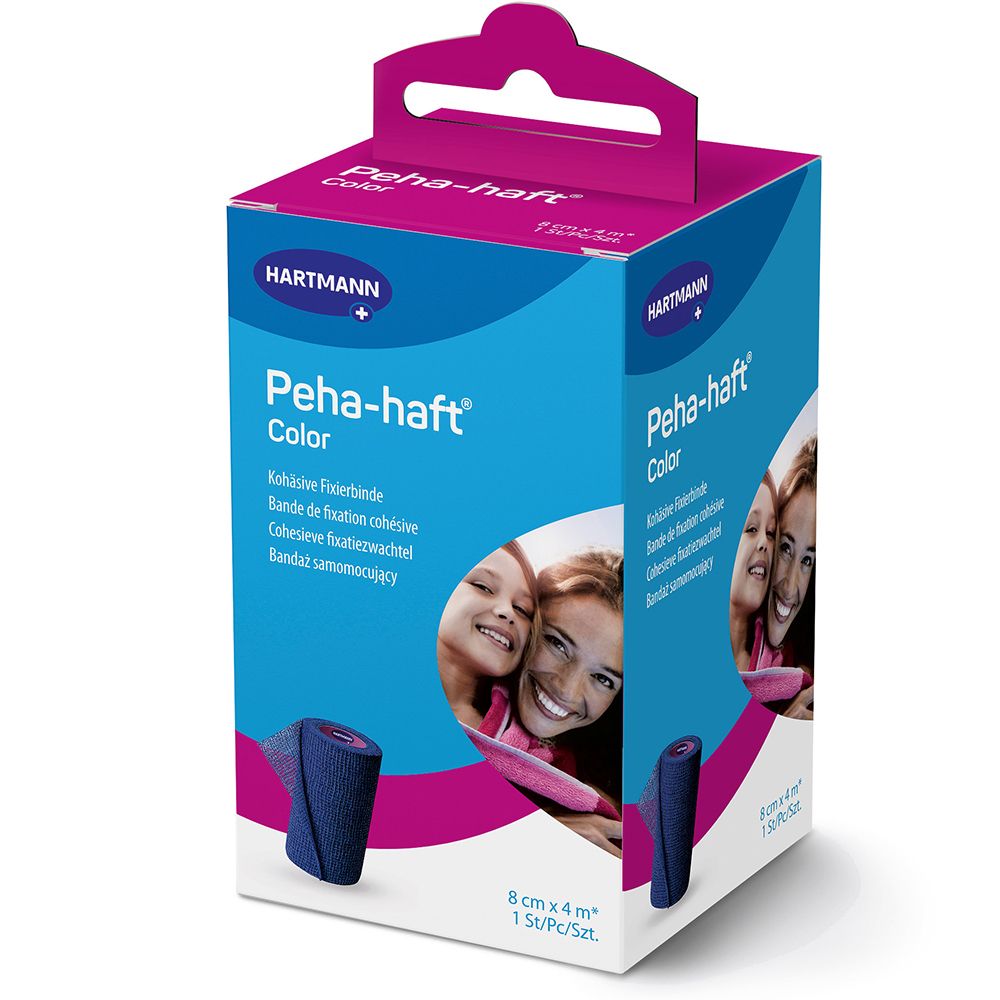 Boîte de bandage de fixation bleu. Marque : Peha-haft Color. 8 cm x 4 m. Contient un rouleau. Emballage avec image du produit et logo.