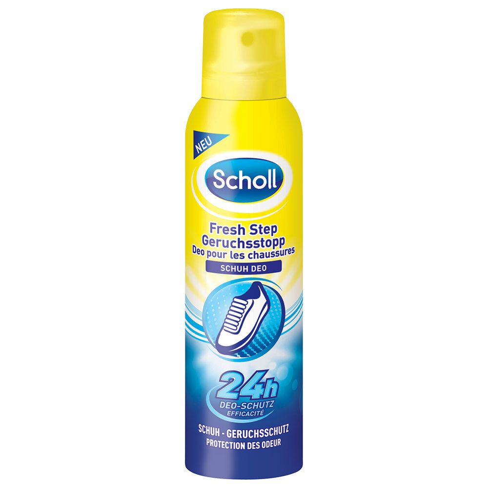 Bombe aérosol jaune avec étiquette bleue. Contient Scholl Fresh Step Geruchsstop Schuh Deo. Protection 24h.
