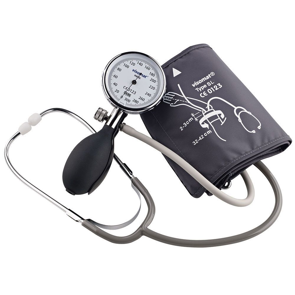 Tensiomètre avec stéthoscope. Manomètre, brassard, stéthoscope. Brassard gris avec indication de taille. Pompe noire.