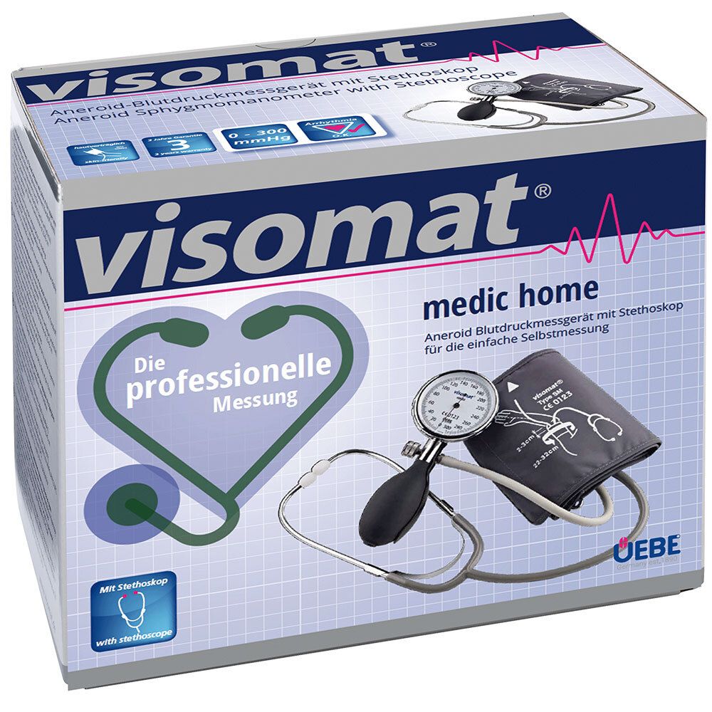 Emballage de visomat® medic home. Tensiomètre avec stéthoscope. Boîte avec image du produit et texte. Logo UEBE.