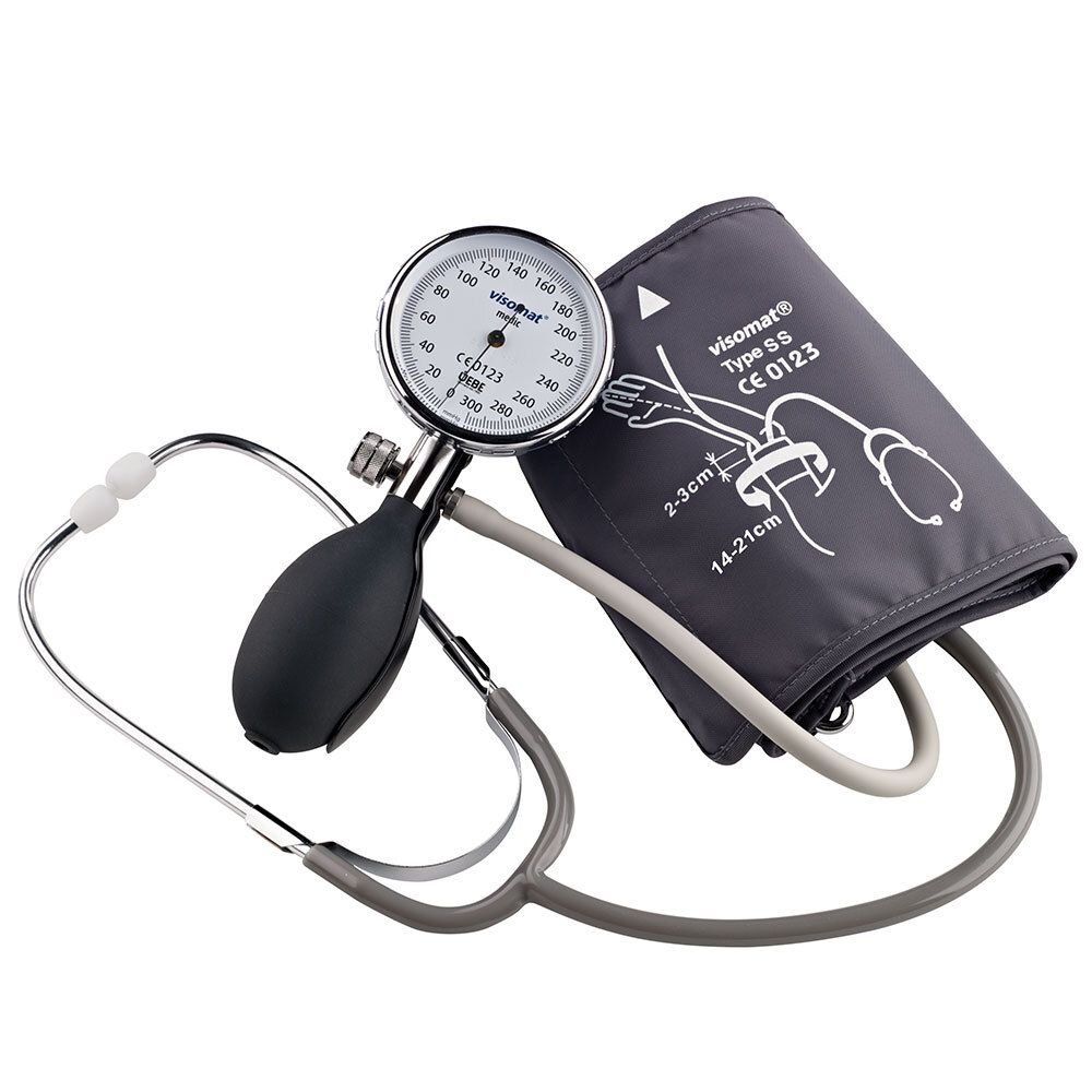 Tensiomètre avec stéthoscope. Cadran, brassard, stéthoscope. Brassard gris, poire noire.