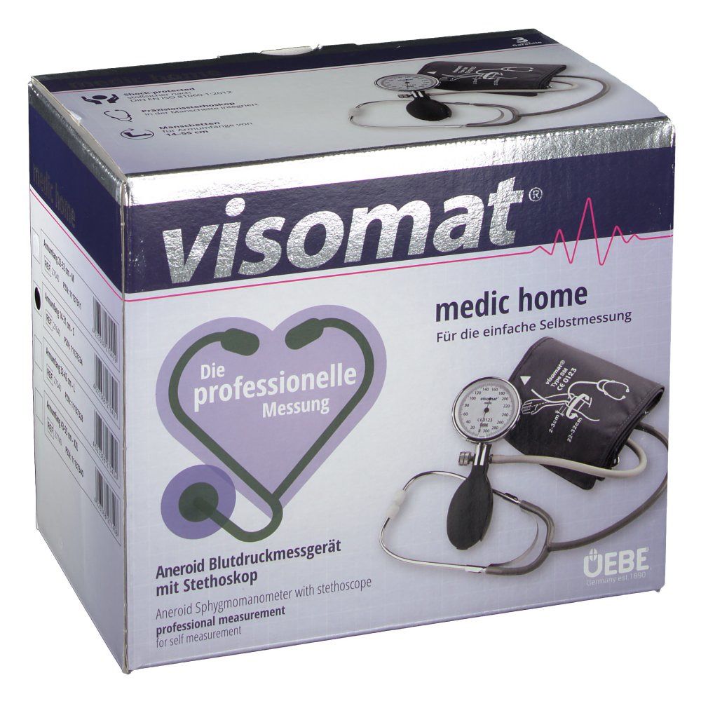 Emballage de visomat® medic home. Tensiomètre avec stéthoscope. Boîte blanche avec image du produit.