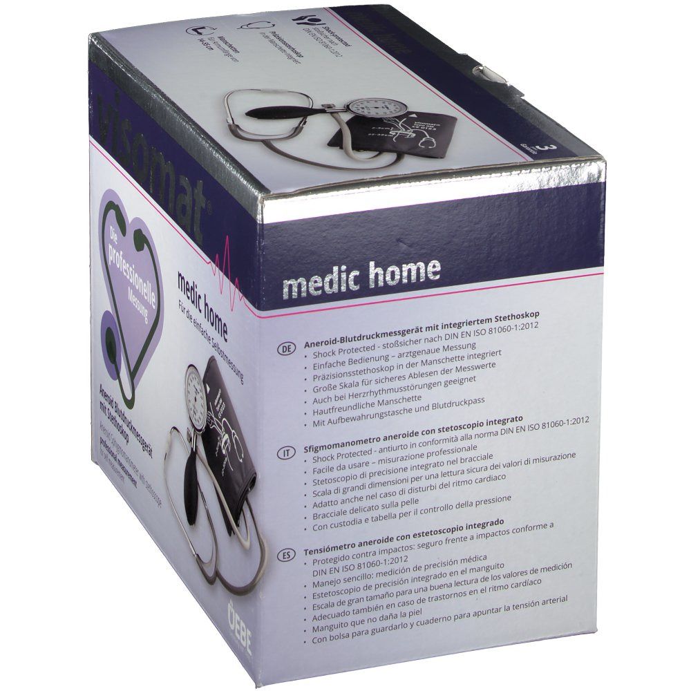 Dos de l'emballage visomat® medic home. Texte multilingue. Image du produit.