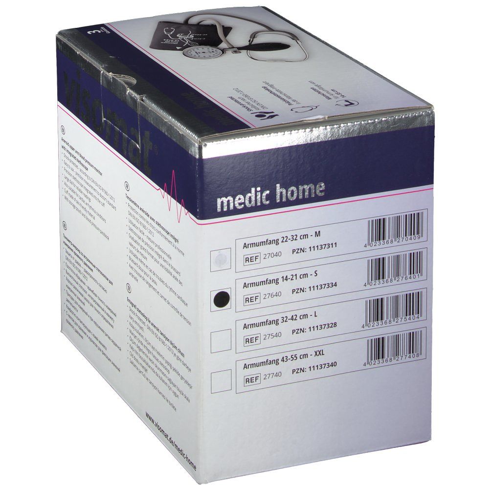 Côté de l'emballage visomat® medic home. Tailles de brassards. Point noir indique la taille S.