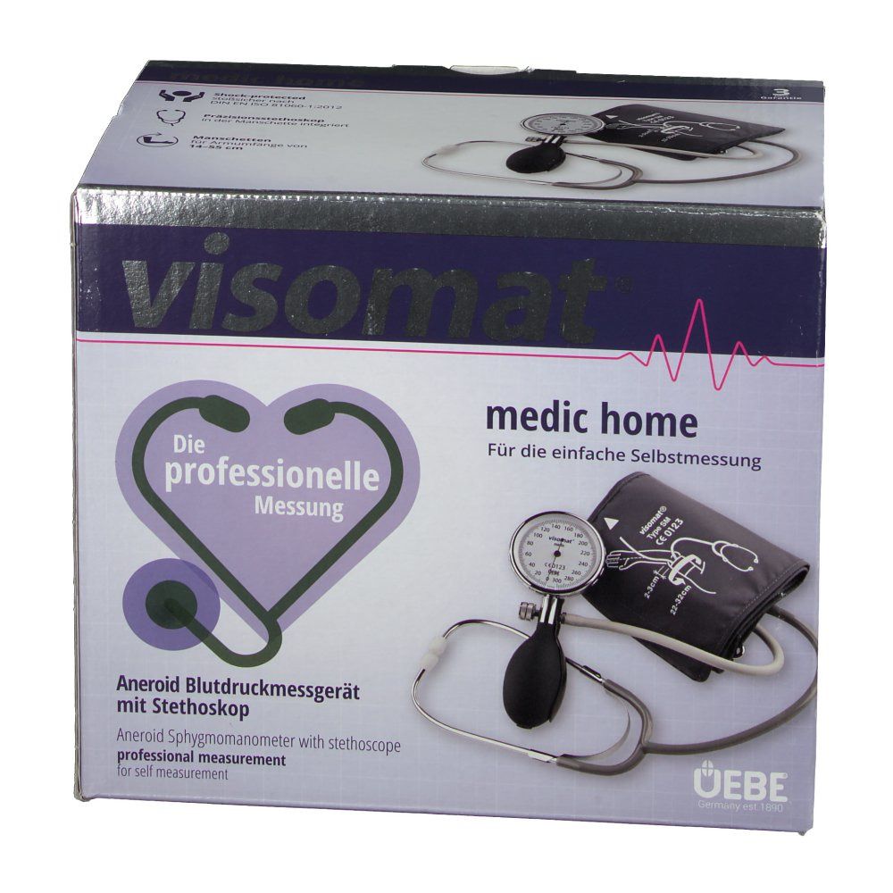 Emballage de visomat® medic home. Tensiomètre avec stéthoscope. Boîte blanche avec image du produit.
