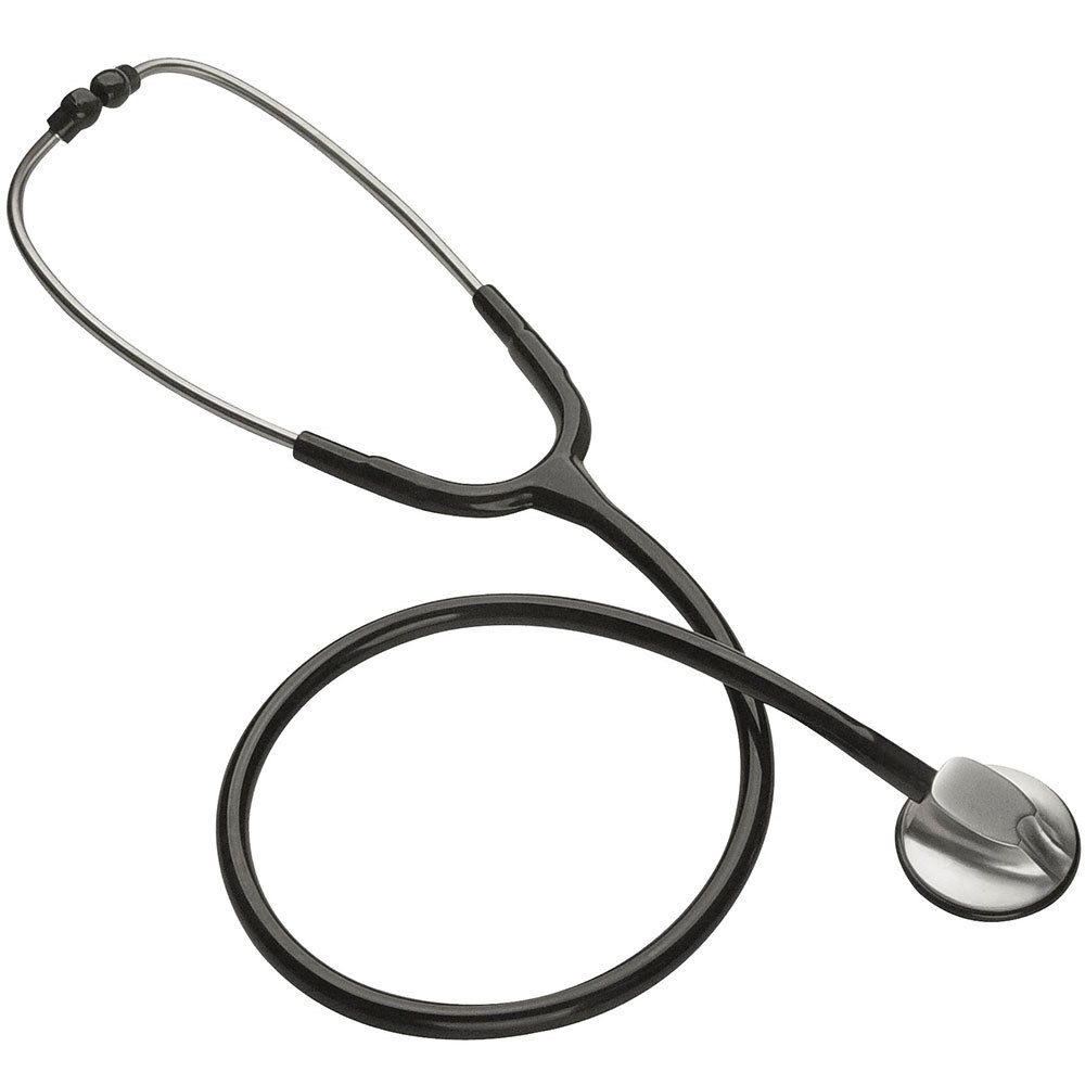 Stéthoscope noir avec pavillon argenté et embouts auriculaires. Forme tubulaire, avec deux embouts.
