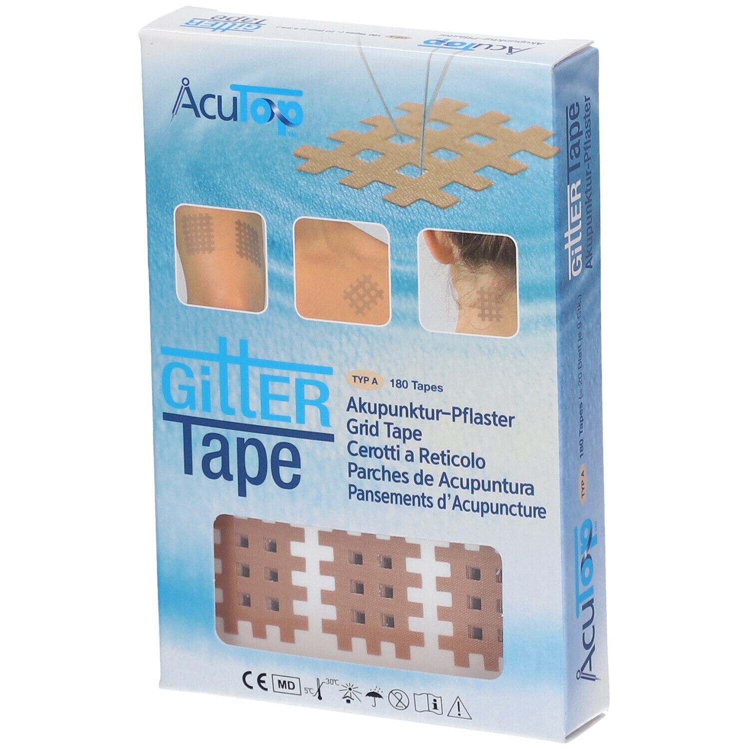 Boîte de pansements d'acupuncture. Inscription: Gitter Tape, Acu Top. Exemples d'application sont présentés.