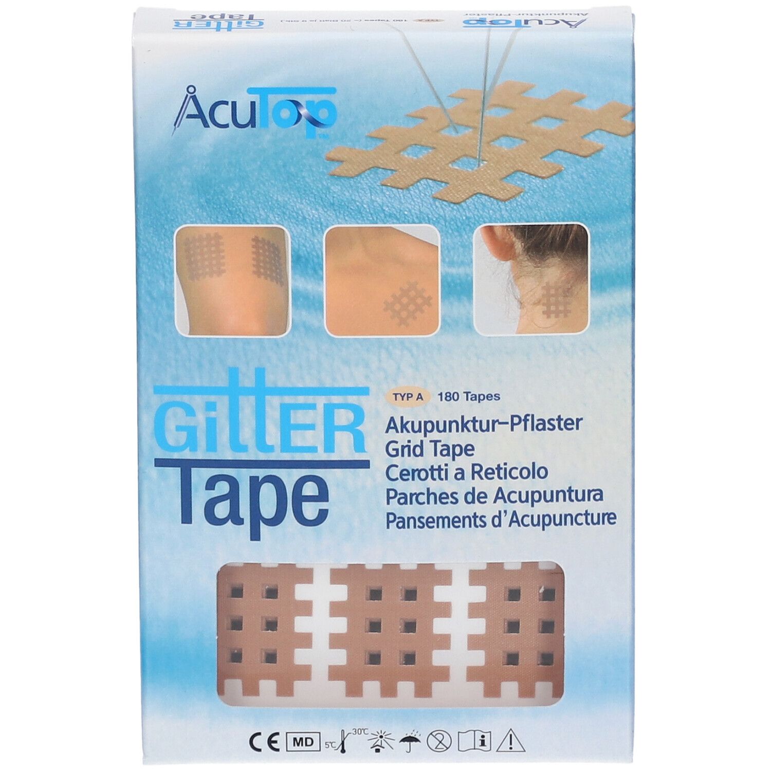 Boîte de pansements d'acupuncture. Inscription: Gitter Tape, Acu Top. Exemples d'application sont présentés.