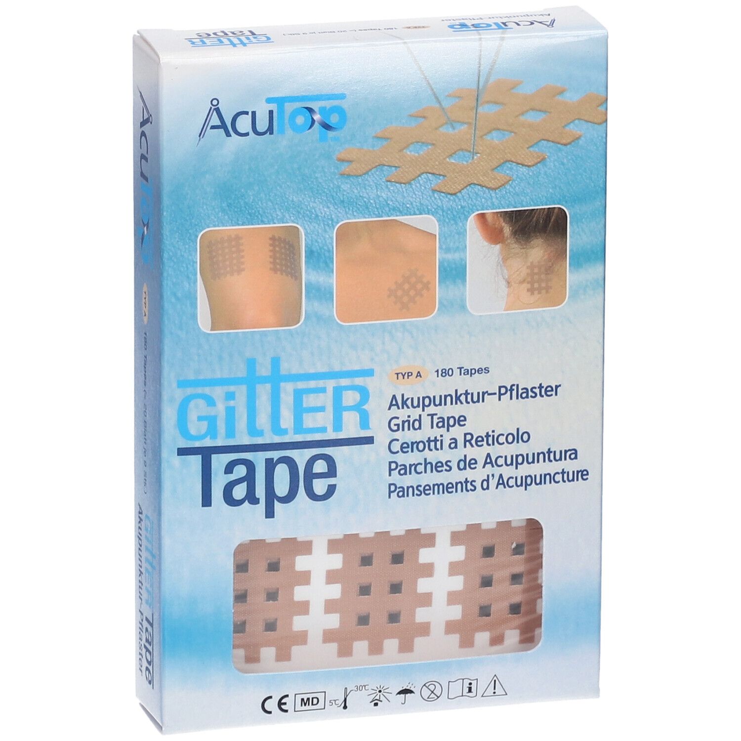Boîte de pansements d'acupuncture. Inscription: Gitter Tape, Acu Top. Exemples d'application sont présentés.