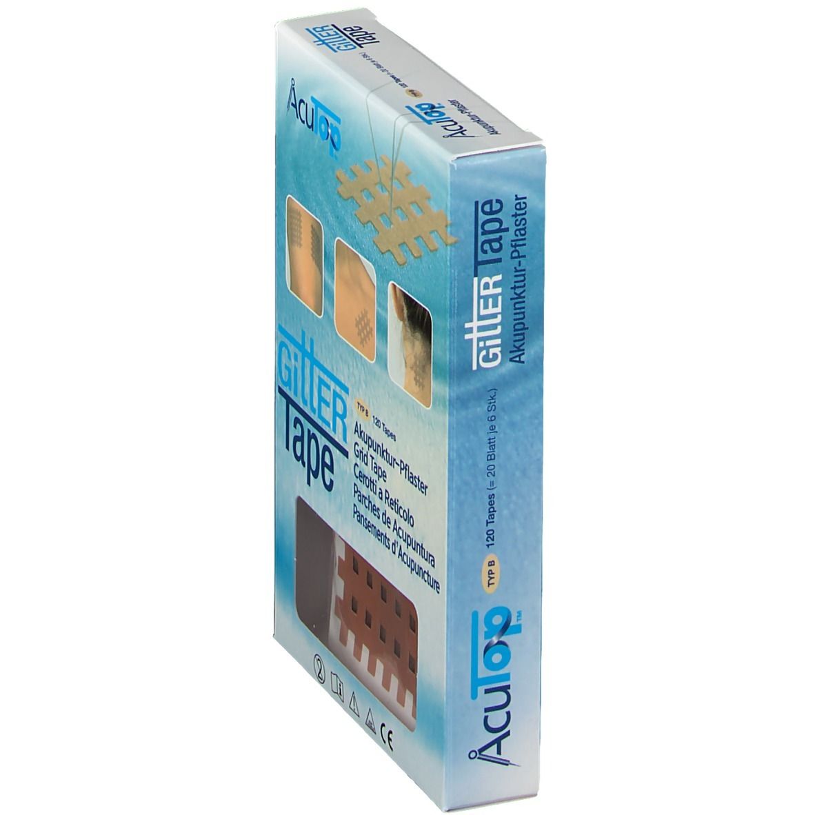 Vue latérale de la boîte GittER Tape AcuTop. Nom du produit et exemples d'application visibles.