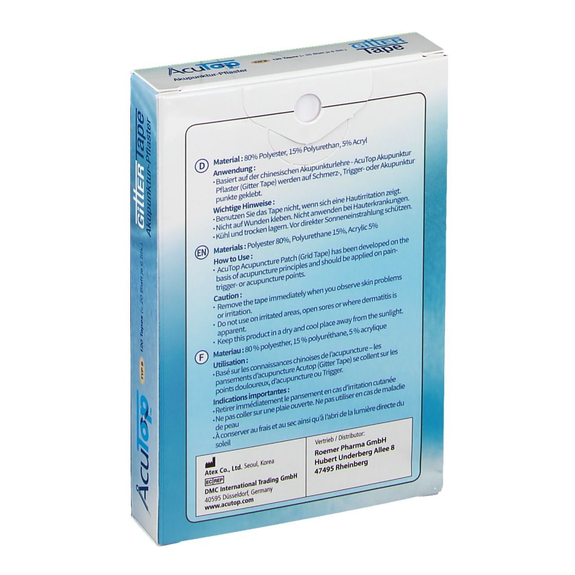 Dos de la boîte GittER Tape AcuTop. Contient des informations sur le matériau, l'utilisation et les précautions.