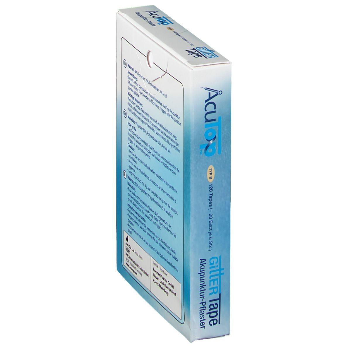 Vue latérale de la boîte GittER Tape AcuTop avec texte. Contient des informations sur le produit.
