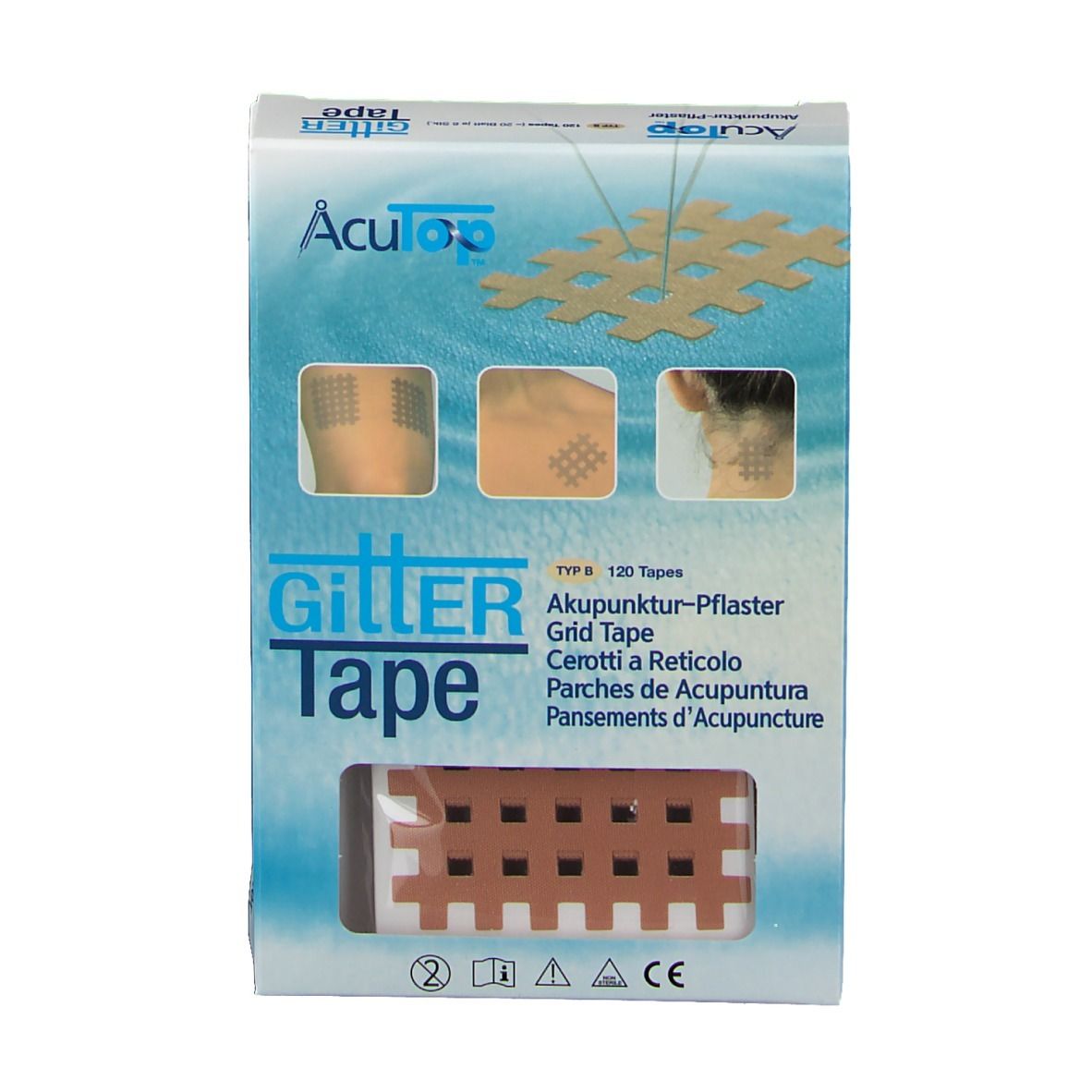 Boîte GittER Tape AcuTop. Présente le produit et des exemples d'application. Contient 120 tapes.
