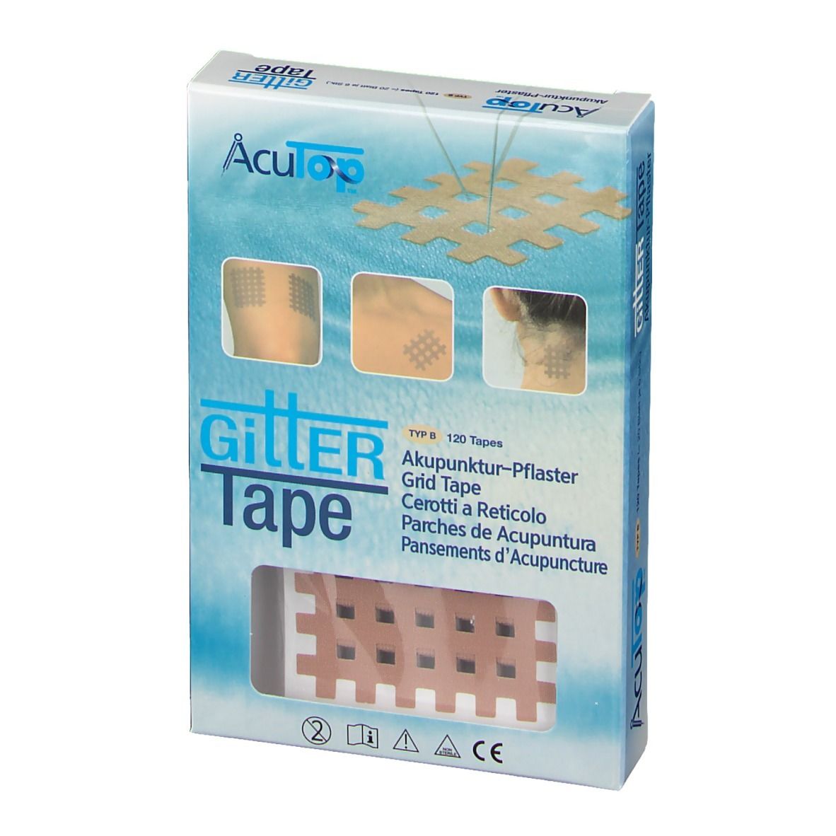 Boîte GittER Tape AcuTop. Présente le produit et des exemples d'application. Contient 120 tapes.