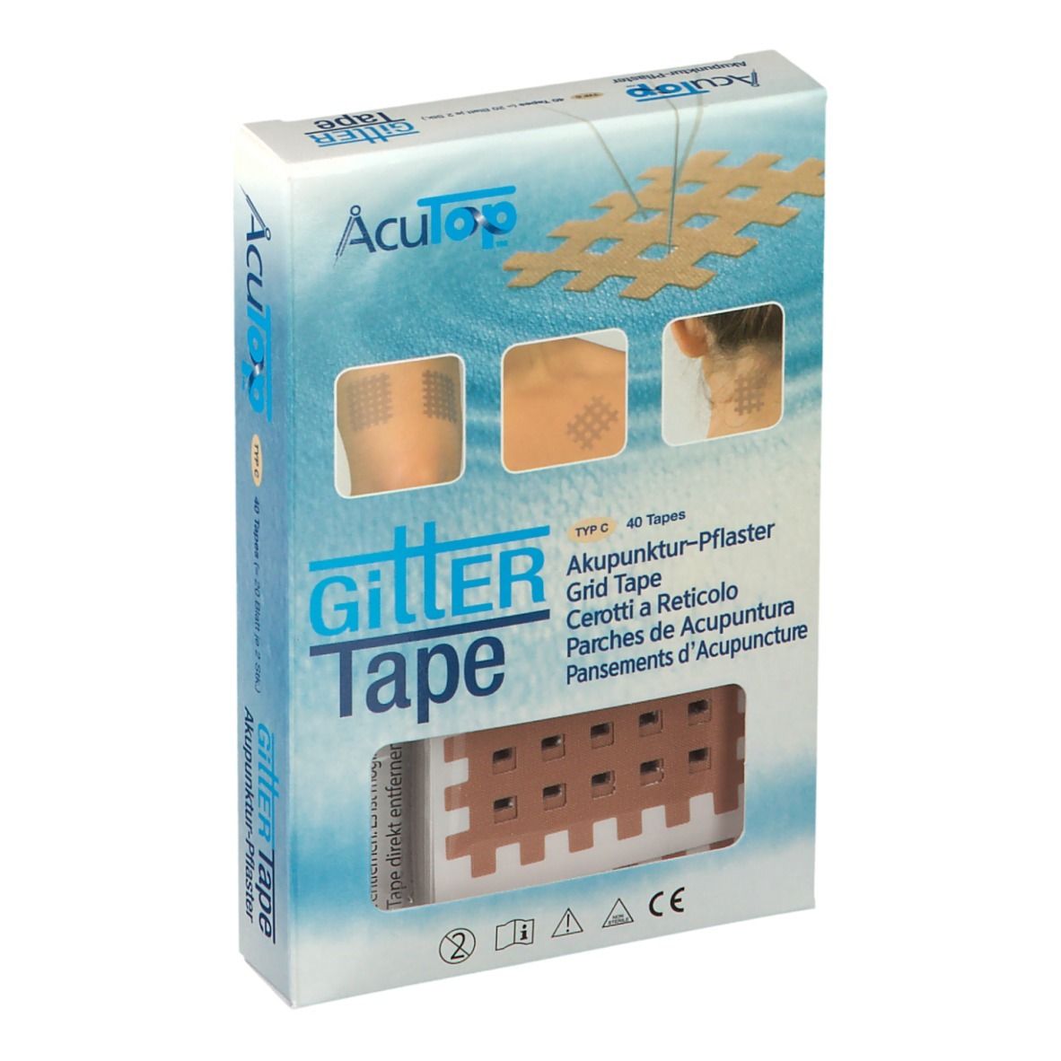 Boîte de pansements d'acupuncture. Inscription : Gitter Tape, AcuTop. Fenêtre montrant les pansements. Illustrations d'application.