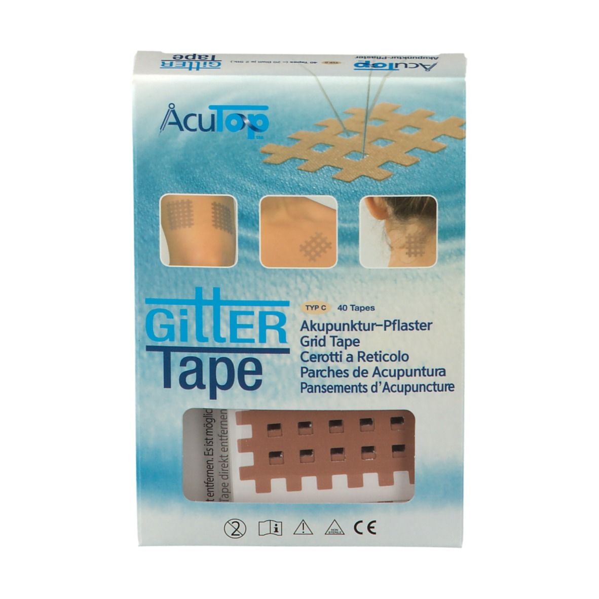 Boîte de pansements d'acupuncture. Inscription : Gitter Tape, AcuTop. Fenêtre montrant les pansements. Illustrations d'application.