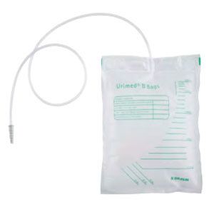 Poche avec tube. Inscription: Urimed® B‘Bags. Échelle et texte. Matériau blanc.