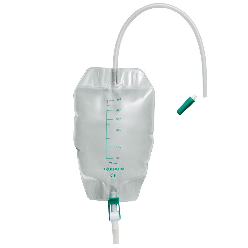 Poche à urine avec échelle, robinet de vidange et tube. Logo B. Braun. Marquage CE. Affichage du volume jusqu'à 500 ml.