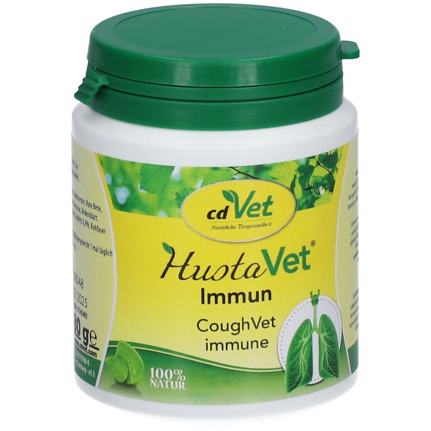 Récipient blanc avec couvercle vert. Inscription: cdVet HustaVet Immun. Illustration de poumons. 100% Naturel. 80 ge.