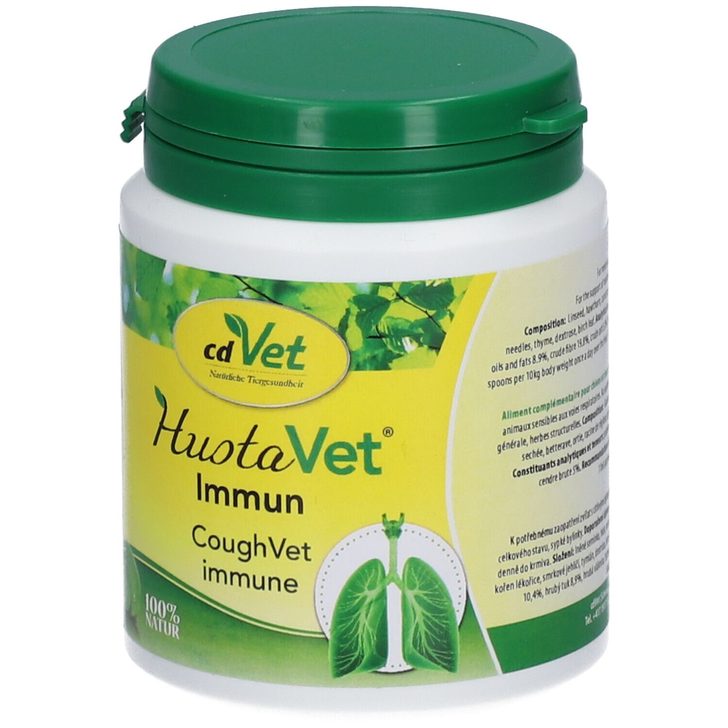 Récipient blanc avec couvercle vert. Inscription: cdVet HustaVet Immun. Illustration de poumons. 100% Naturel. 80 ge.