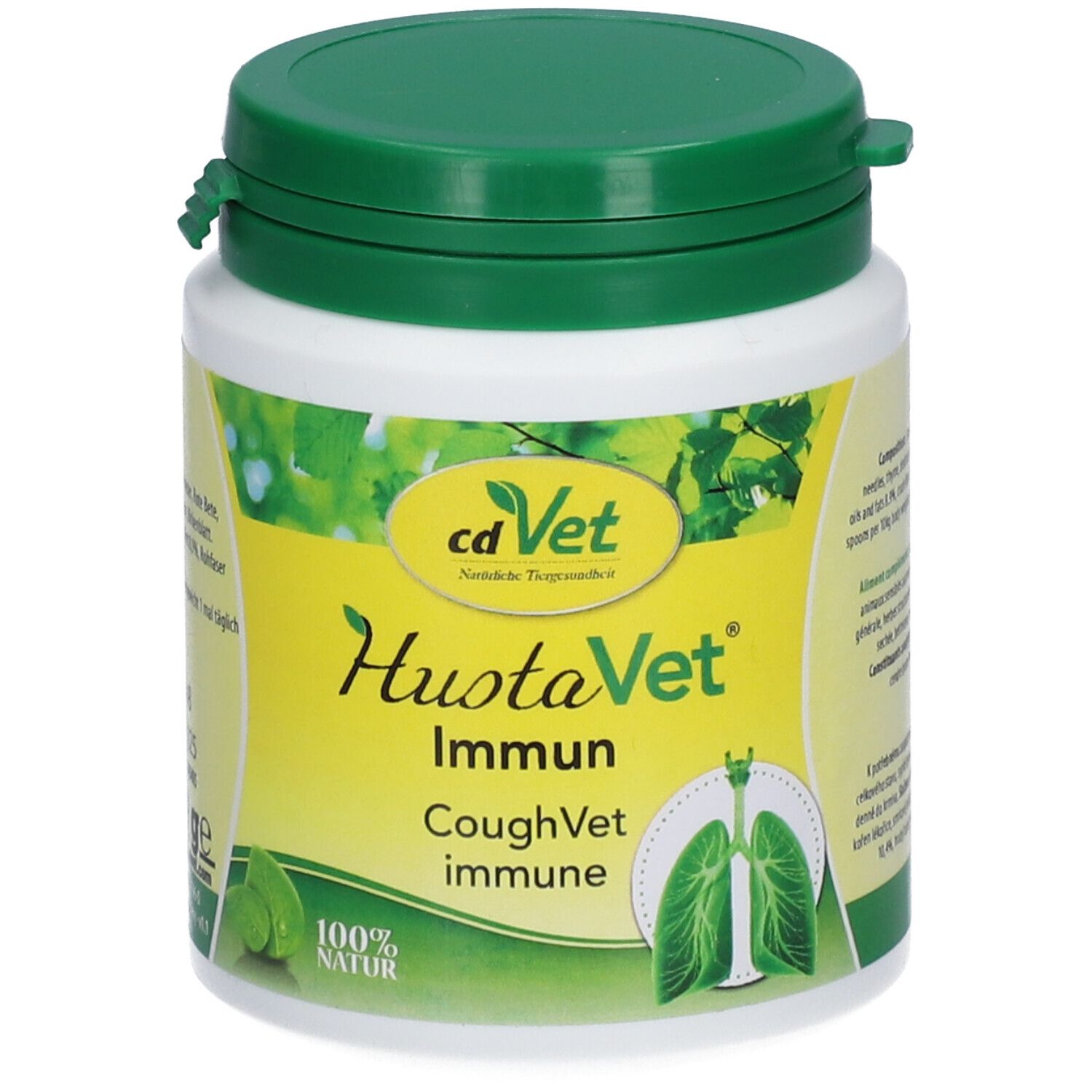 Récipient blanc avec couvercle vert. Inscription: cdVet HustaVet Immun. Illustration de poumons. 100% Naturel.