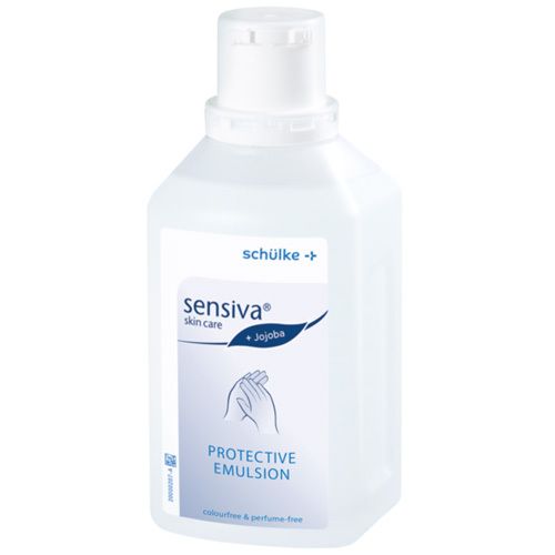 Flacon blanc Sensiva Protective Emulsion. Inscriptions : schülke, sensiva skin care + Jojoba, Protective Emulsion. Sans parfum et sans colorant.