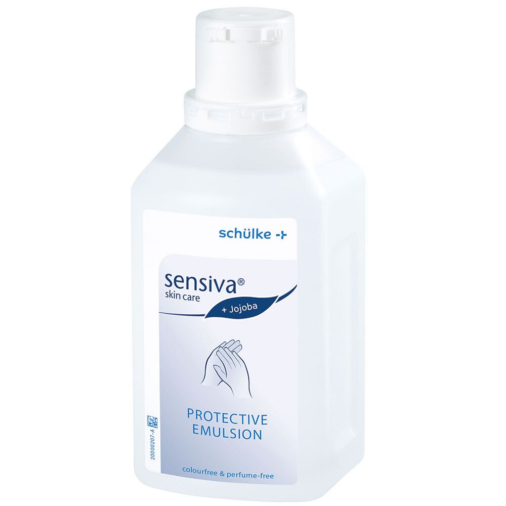 Flacon blanc Sensiva Protective Emulsion. Inscription : schülke, Sensiva skin care + Jojoba. Sans parfum ni colorant.