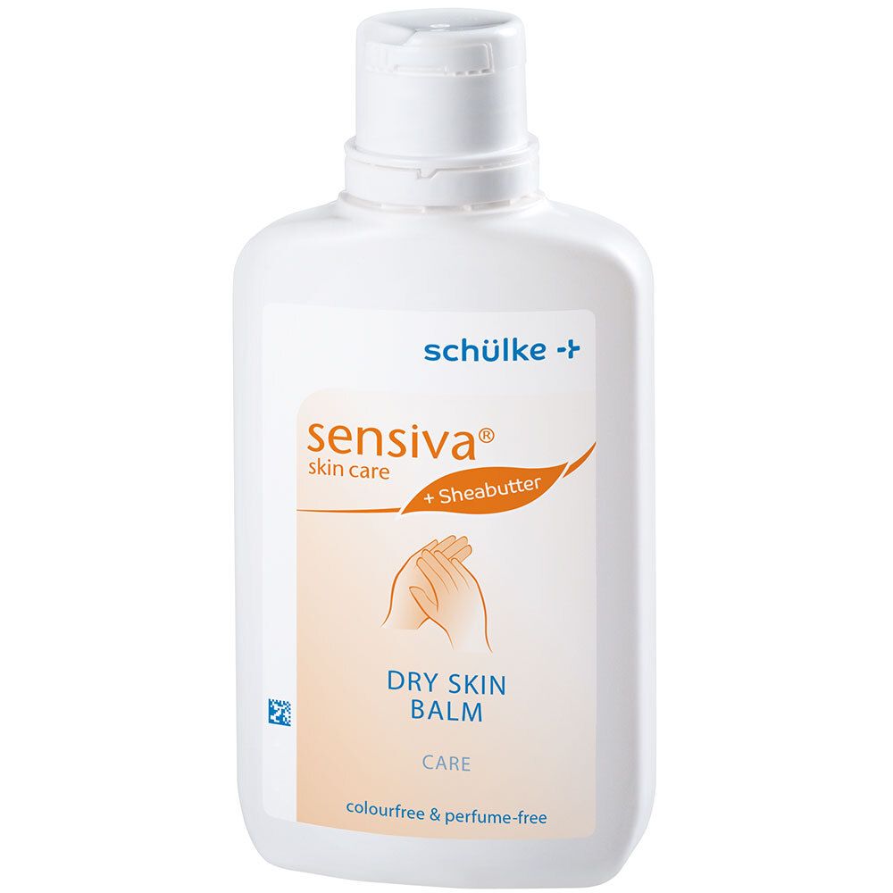 Flacon blanc avec étiquette "sensiva® dry skin balm". Contient du beurre de karité. "Colourfree & perfume-free".