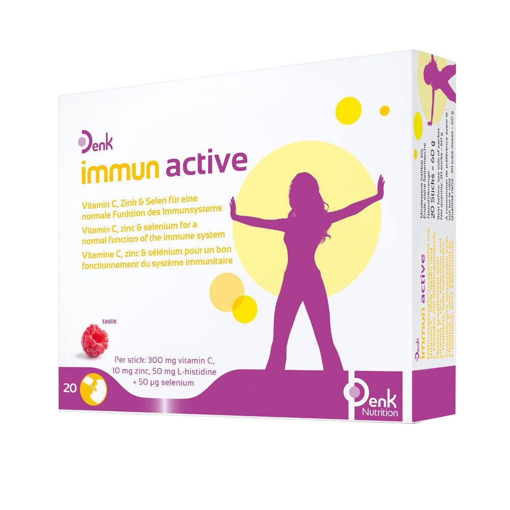 Boîte "immun active" de Denk. Contient 20 sticks. Contient vitamine C, zinc et sélénium. Goût framboise.