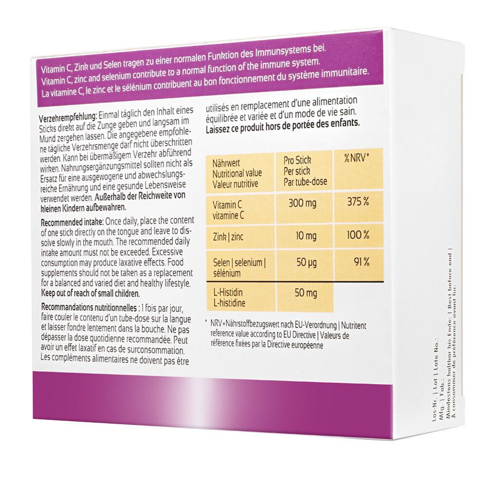 Dos de la boîte "immun active". Contient des informations sur les ingrédients et les valeurs nutritionnelles. Texte en allemand, anglais et français.