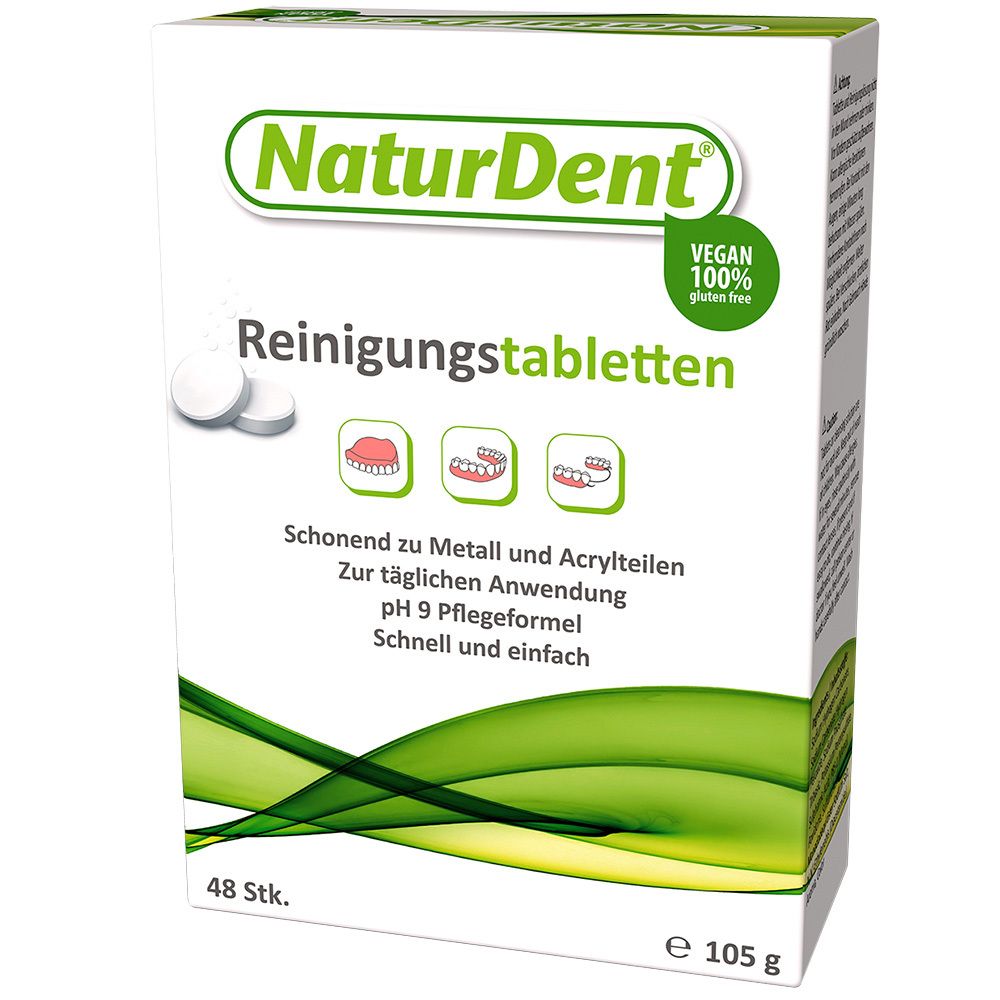 Boîte de comprimés nettoyants NaturDent. Vegan, sans gluten. 48 pièces. Tablettes et feuilles vertes.