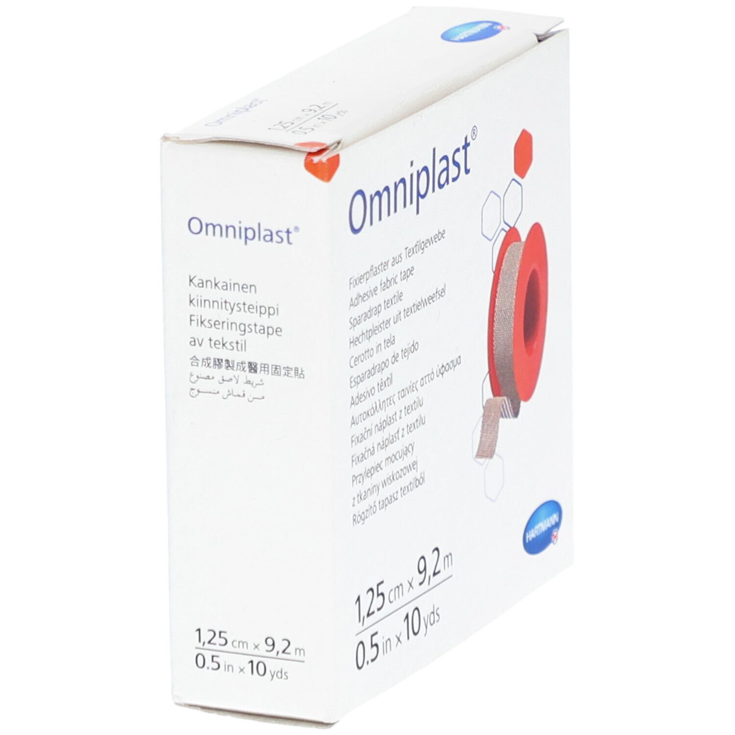 Boîte Omniplast® en biais. Rouleau de tissu avec noyau rouge. Dimensions : 1,25 cm x 9,2 m. Logo Hartmann.