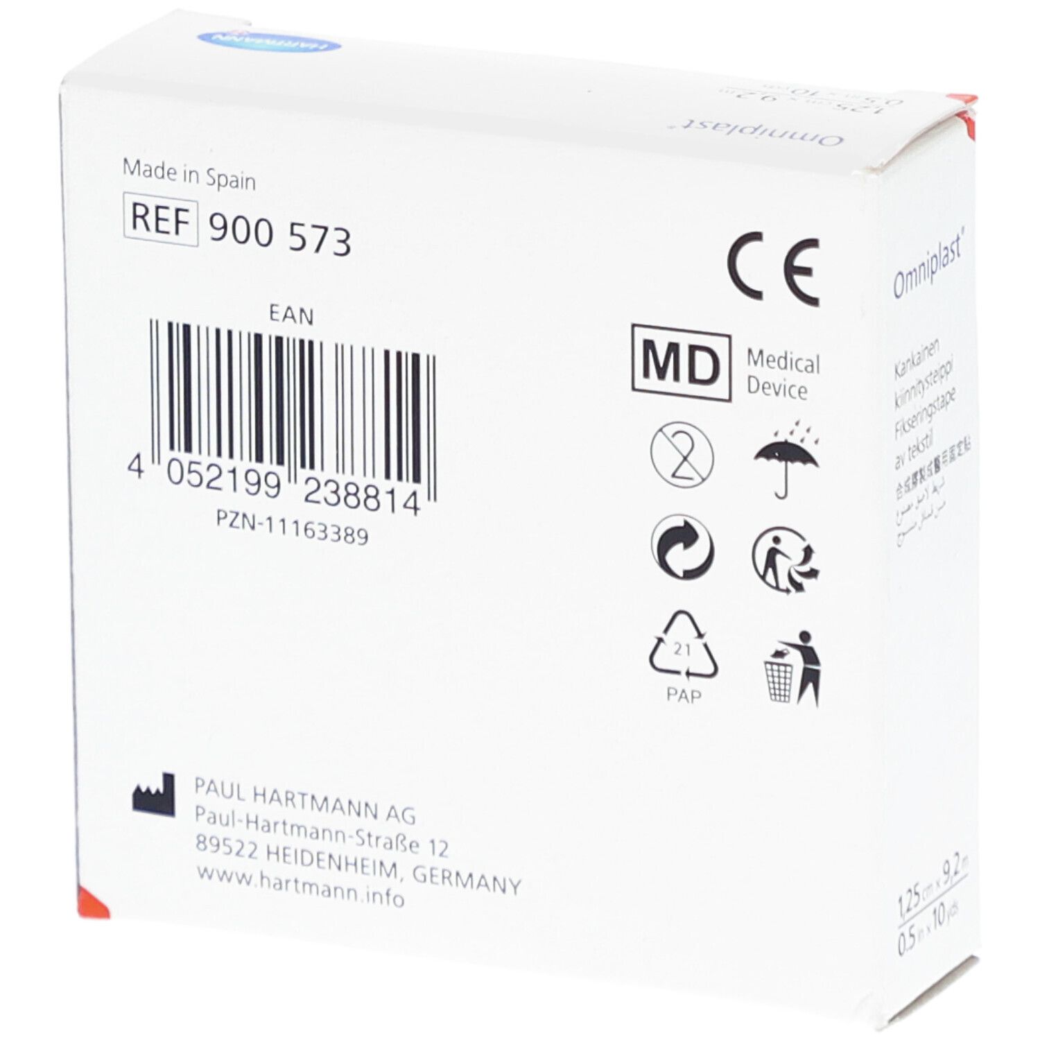 Dos de la boîte Omniplast®. Code-barres, marquage CE, adresse du fabricant, symbole MD (Medical Device).